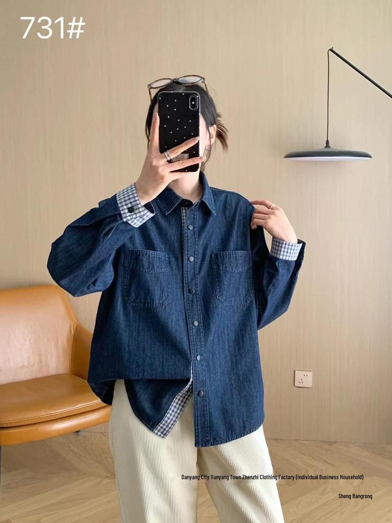 Autumn Plaid Patchwork Denim Shirt Jacket for Women - Fresh Retro Japanese Style
