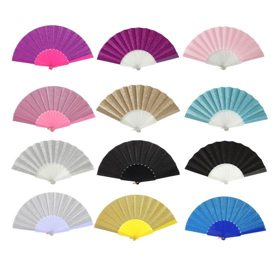 Summer Folding Fan with Glitter Powder Portable Plastic Ribs Hand Fan Men Women Dance Performance Props Party Favors