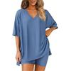 Damen V-Ausschnitt Kurzarm Oversize Oberteil Elastische Taille Taschenshorts Loungewear Schlafanzug Set Lässiges Zweiteiliges Outfit