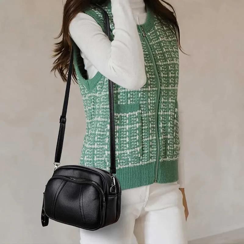 Solid Color Fashionable Rivet Zipper Women'S Mobile Phone Bag Simple Soft Leather Shoulder Crossbody Small Square Bag Handbag