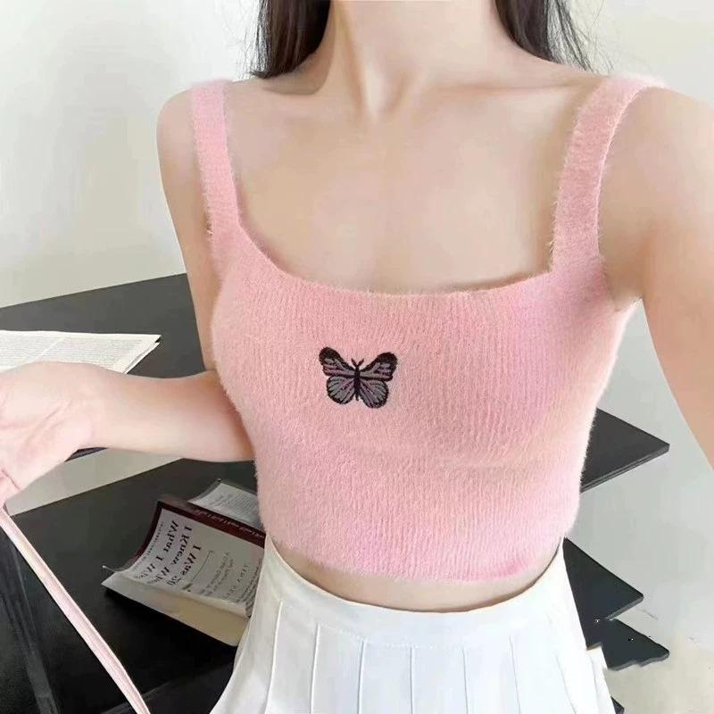 Girl's Furry Butterfly Embroidered Navel-exposed Vest Suspender Sling and Versatile Top Korean Trendy and Fashionable