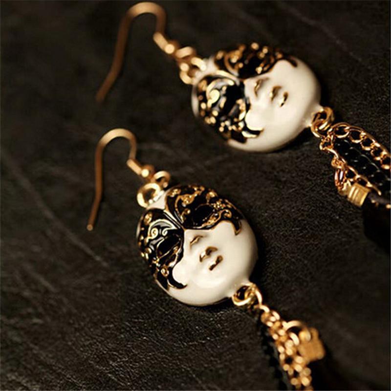 Vintage Baroque Chain Feather Tassel Chain Mask Long Drop Earrings For Women