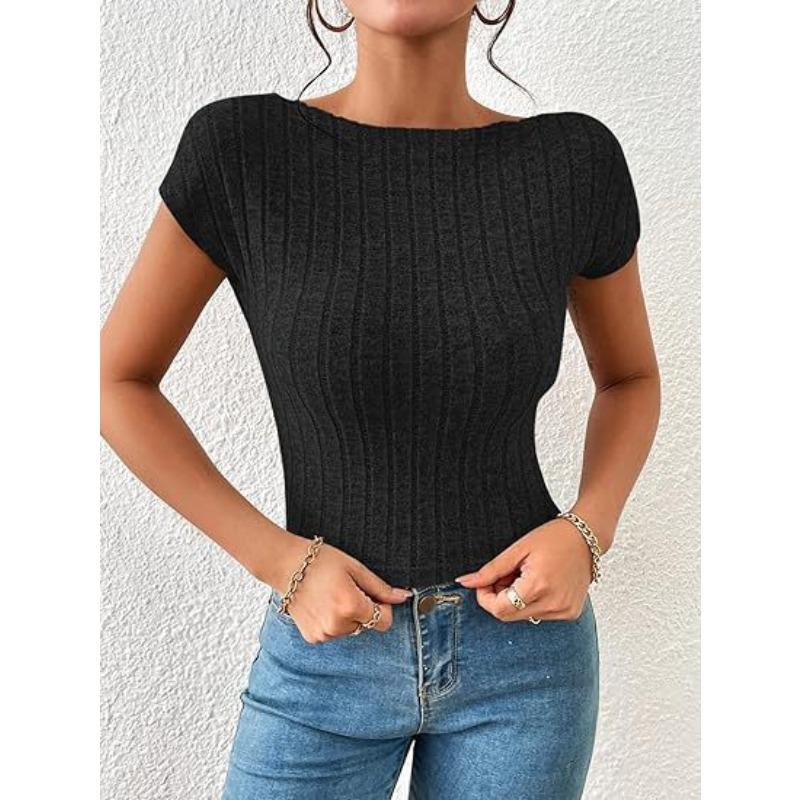 

Женская летняя новая сексуальная облегающая футболка с открытой спиной и короткими рукавами из шерсти с широкими полосками XXL чёрный