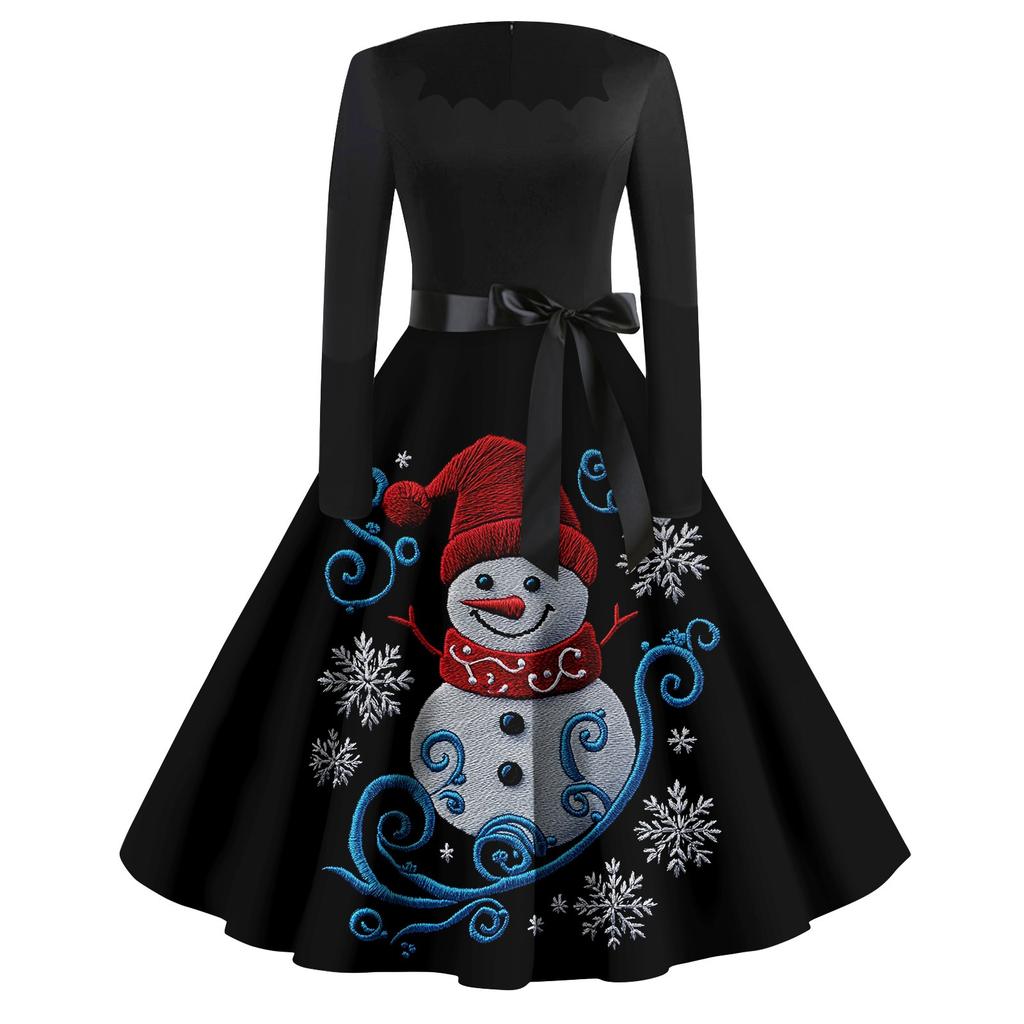 Dámské ležérní módní tištěné retro šaty se čtvercovým výstřihem a dlouhým rukávem