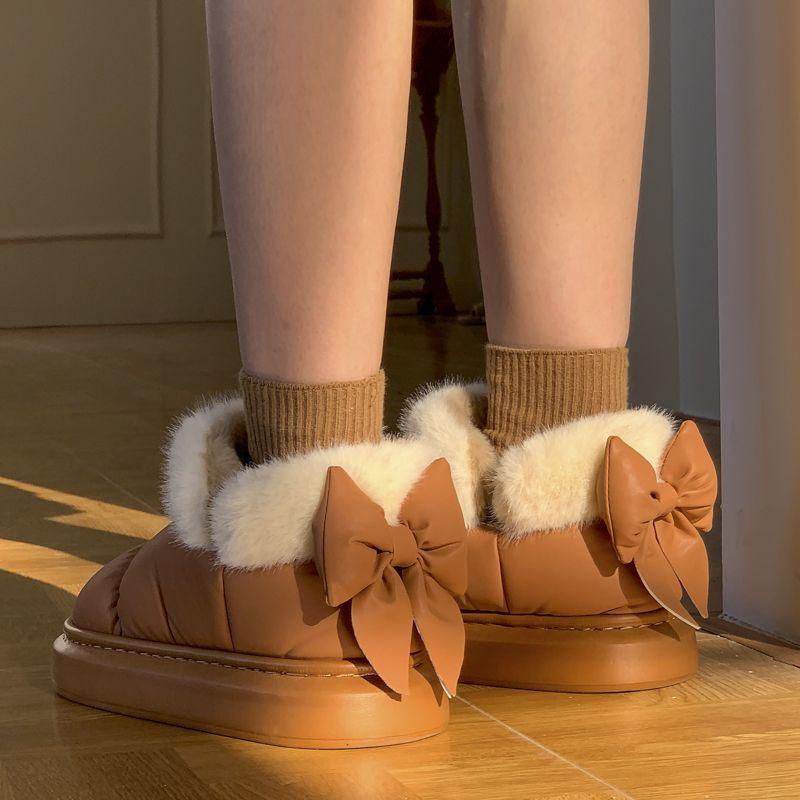 Fashion Kawaii Bow Round Toe Plush Snow Boots for Women Winter Chunky Woman Shoes 2025 Novelty Trend Y2k Furry Chic and Elegant Footwear