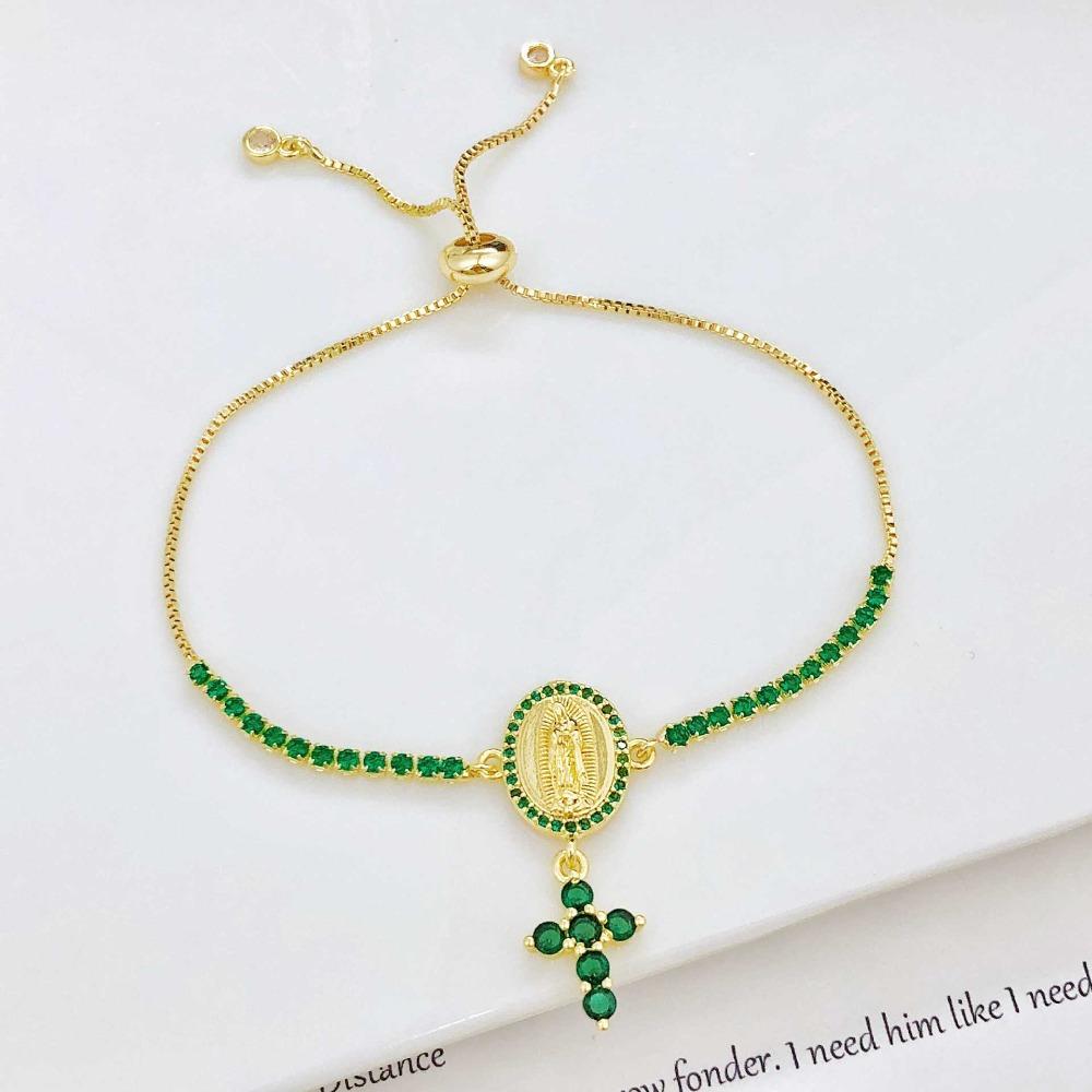 5-Color Virgin Mary Bracelet Luxury Rhinestones Cross Tassel Bracelet Simple Exquisite Crystal Bracelet Party Jewelry Gift зелёный