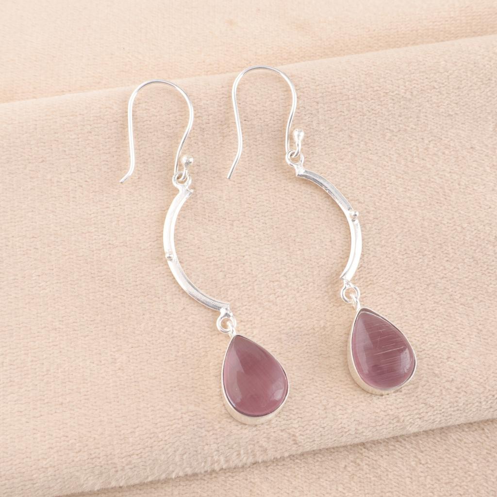 Purple Cat's Eye Gemstone 925 Fine Silver Jewelry Handmade Silver Earrings 2.60" EE-43-45