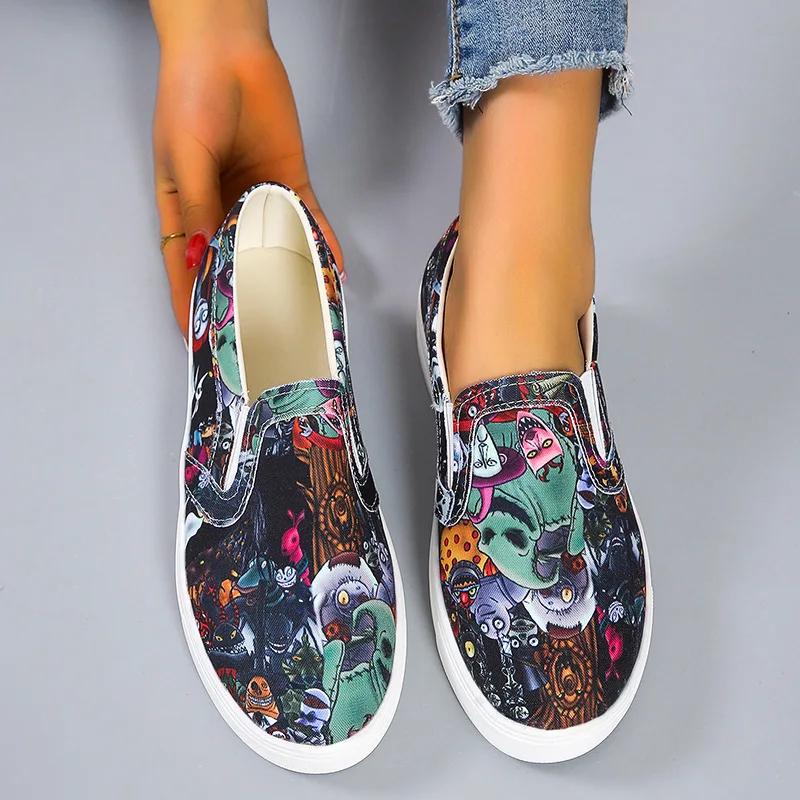 

Женские мокасины Graffiti Flat Shoes Женские летние вулканизированные туфли Повседневные прогулочные туфли Мокасины из парусины без застежек для женщин 38