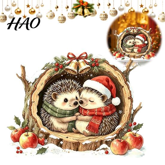 Waterproof Holiday Glass Decor Watercolor Christmas Hedgehog Static Window Cling, Cozy Tree Hole Winter Atmosphere Scenes Sticker, No?Glue