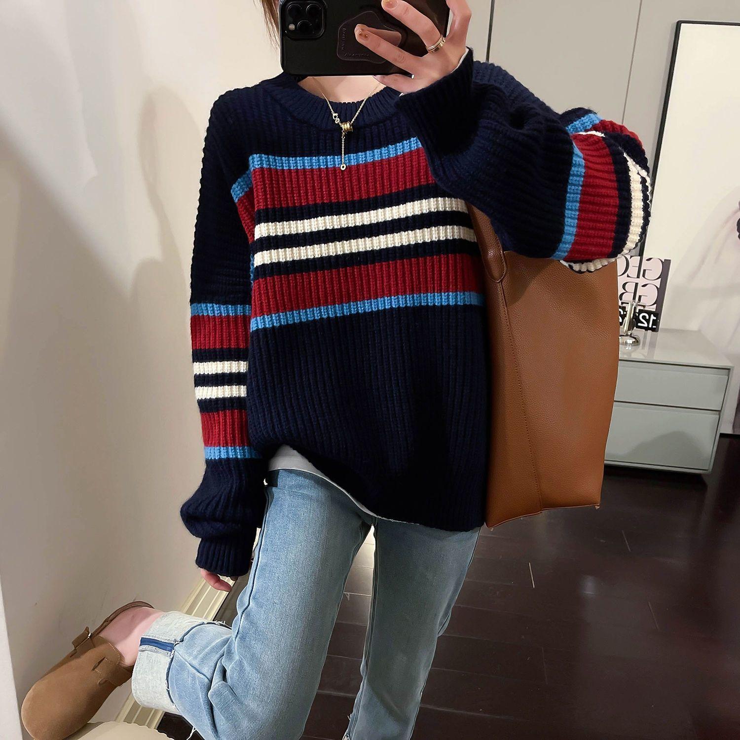 

Женский красный полосатый вязаный свитер-топ осень-зима свободный мягкий цветной блок нишевый дизайн XL