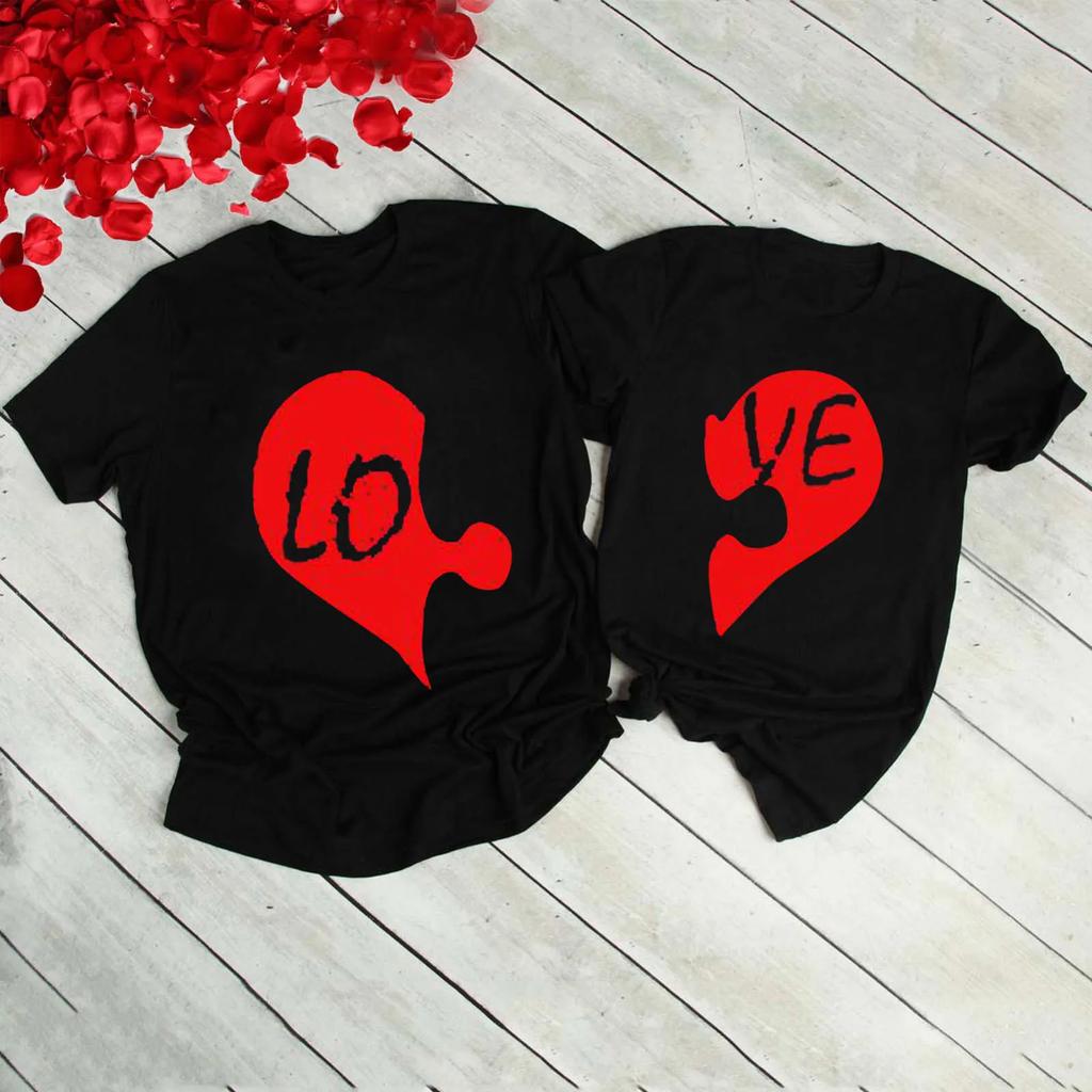 King Queen Couples T Shirt Love Jigsaw Print Couple Tshirt Summer Fashion Woman T-shirt Casual O-Neck Tops Lovers Tee Shirt
