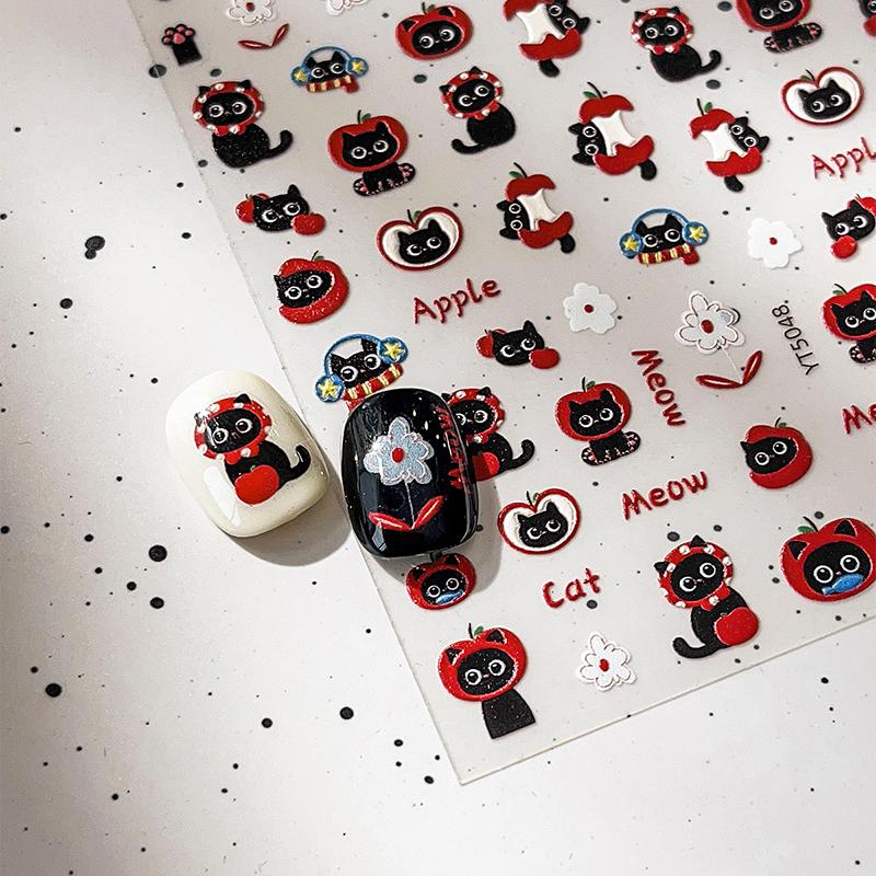 3D Graffiti Black Cartoon Cat Nail Stickers Red Apple Black Cat Animal Nail Decal Slider