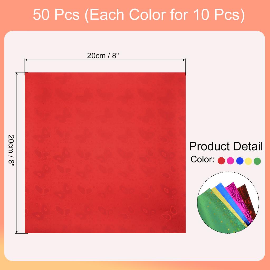 50 Sheets Glitter Origami Paper Metallic Holographic Foil Laser Paper Shiny Square Folding Paper for DIY Gold Green Red Blue