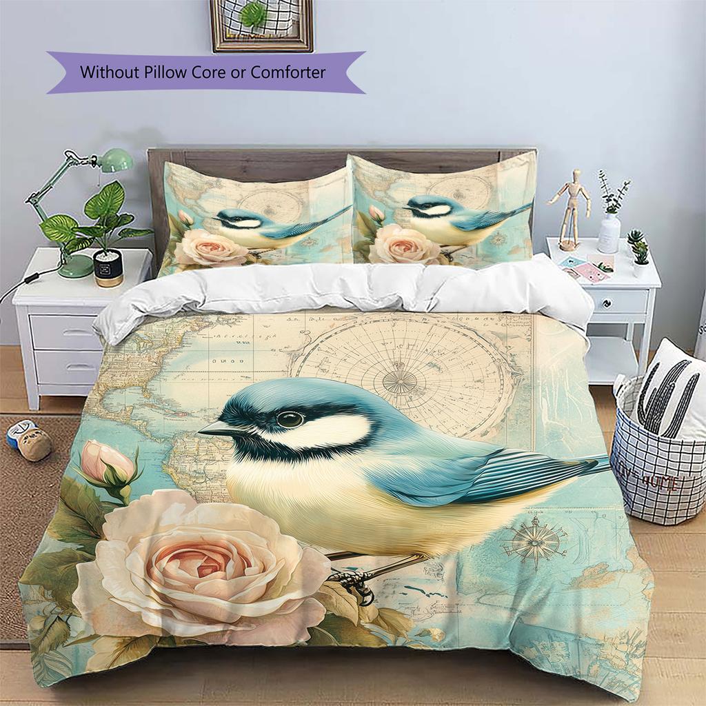 Map Flower Bird Pattern Bedding Quilt Set  Home Decoration  Gift (1 * duvet cover + 2 * pillowcase  without core)