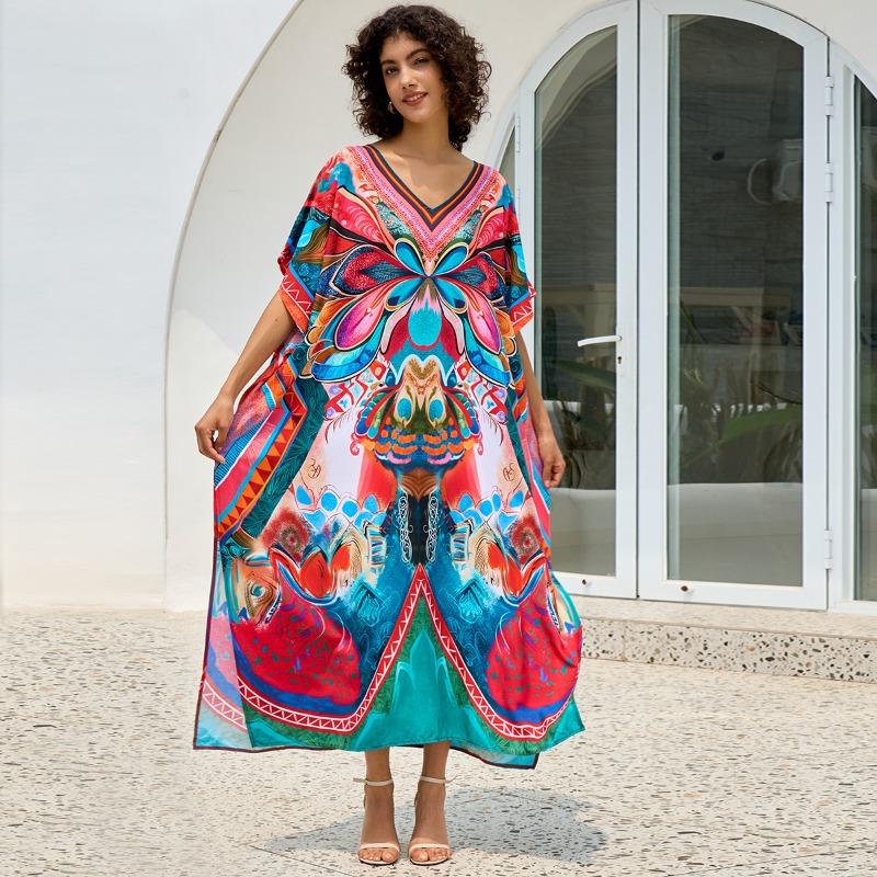 Vestidos Casuales de Moda para Mujer Verano Primavera Estampado Color Block Mangas 1/2 Cuello en V Cintura Holgada