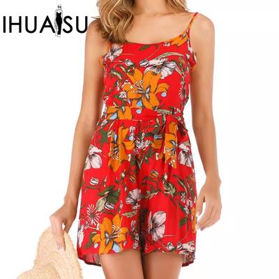 Women's Print Fashion Sexy Halter Loose Halter Belt Jumpsuit Shorts