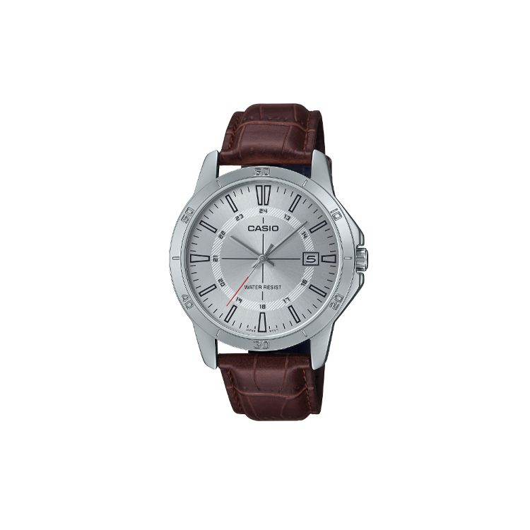 

Casio 30M Water Resistant Casual Quartz Watch Leather Strap Men watches Silver MTP-V004L-7C Silver Dial