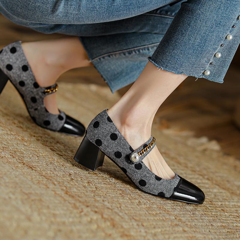 Fashion 2025 New Mary Jane Women Shoes LEISURE Retro Buckle Shallow Pumps Square Toe Thick Heel Shoes Woman Zapatos De Mujer Spot Pearl