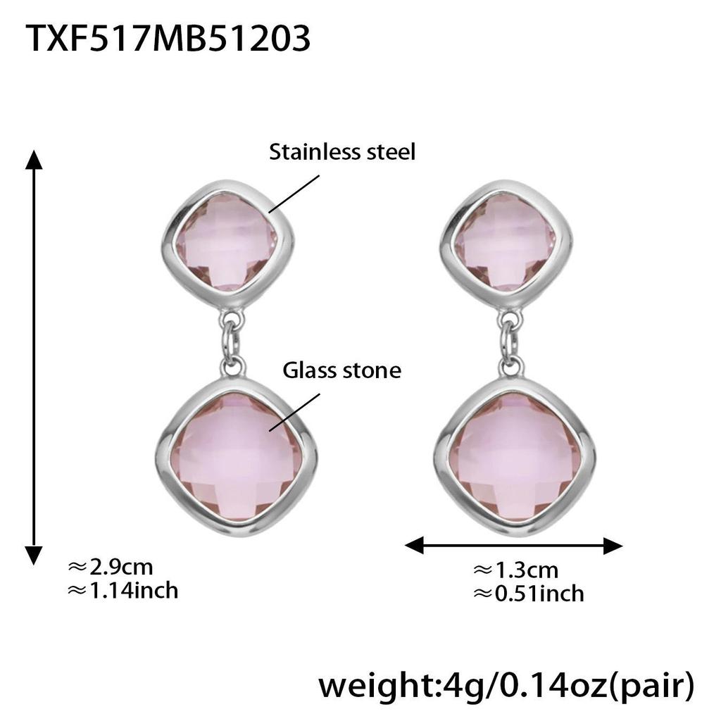 Geometric Glass Stone Earrings & Stainless Steel Bead Necklace Bracelet Set - Multi-color Patchwork Jewelry