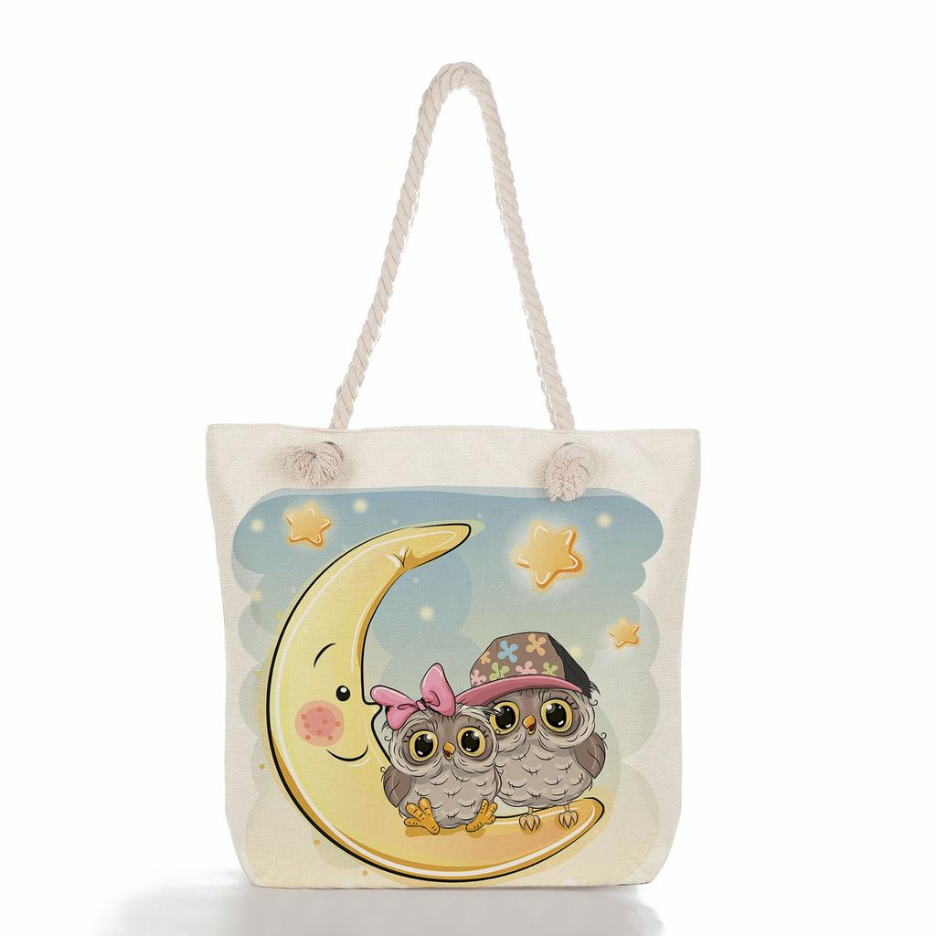 Cute owl print thick rope single-shoulder beach bag 7288 CLE