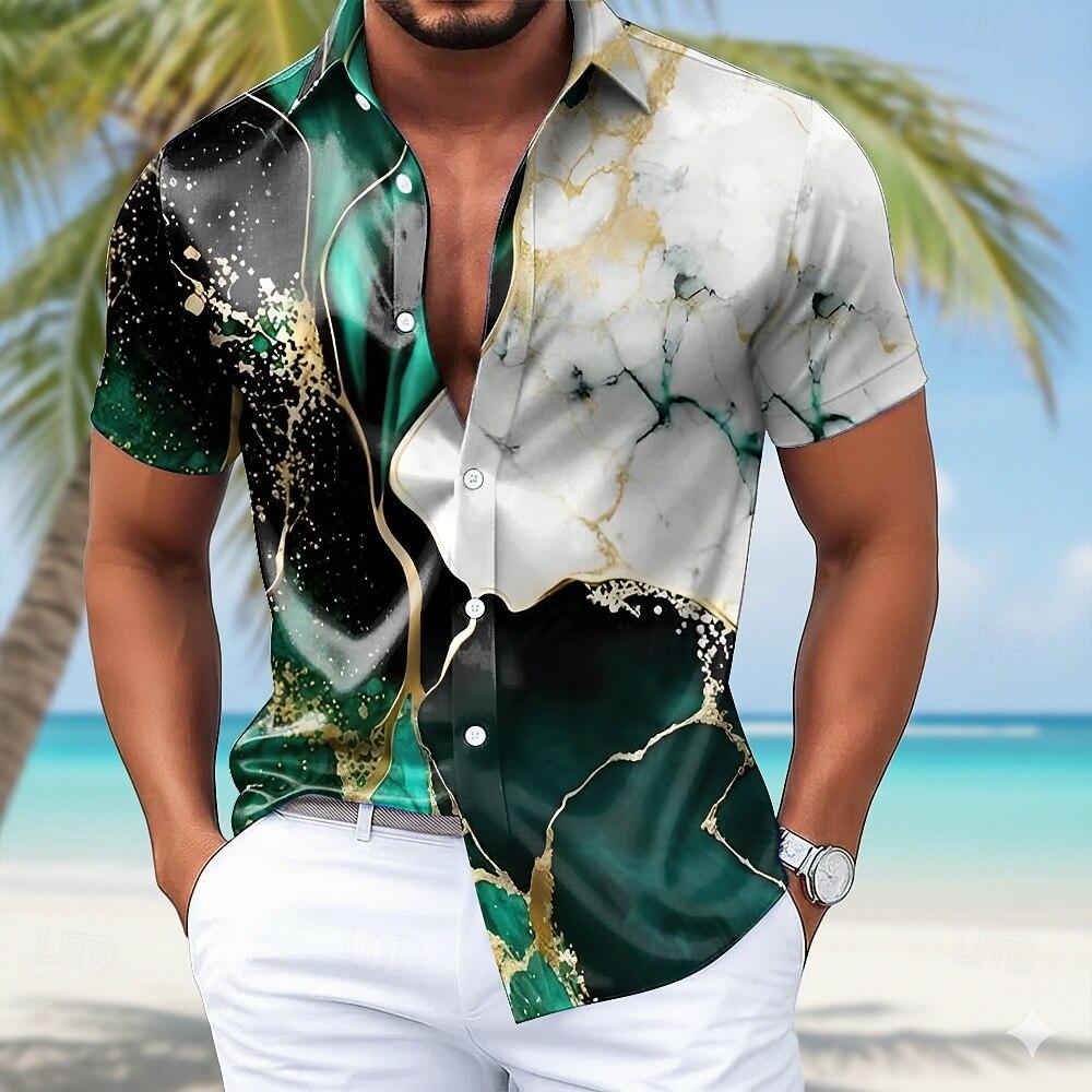 Men's Marble Abstract Liquid Art Shirt Satin Shirt Dress Shirt Short Sleeve Fashion Casual Daily Vacation Summer Spring