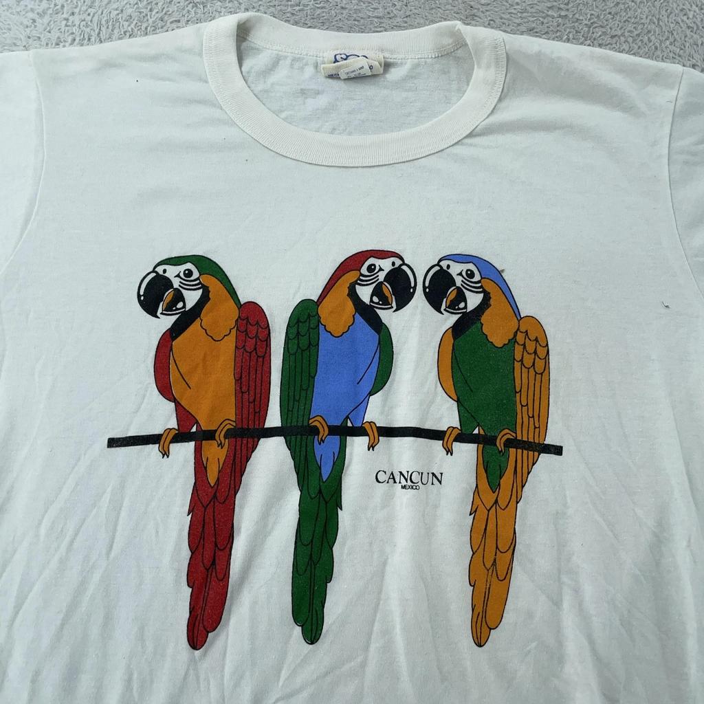 Vintage Cancun Mexico Parrots Shirt Mens Large White Souvenir 50/50 Macaw Birds