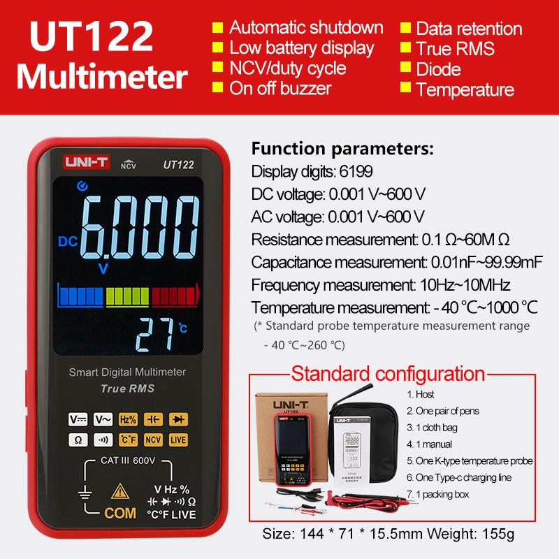 UNI-T Digital Smart Multimeter UT121A UT121B UT122 600V AC DC Voltmeter True RMS Multimeter NCV Resistance Capacitor Tester Tool