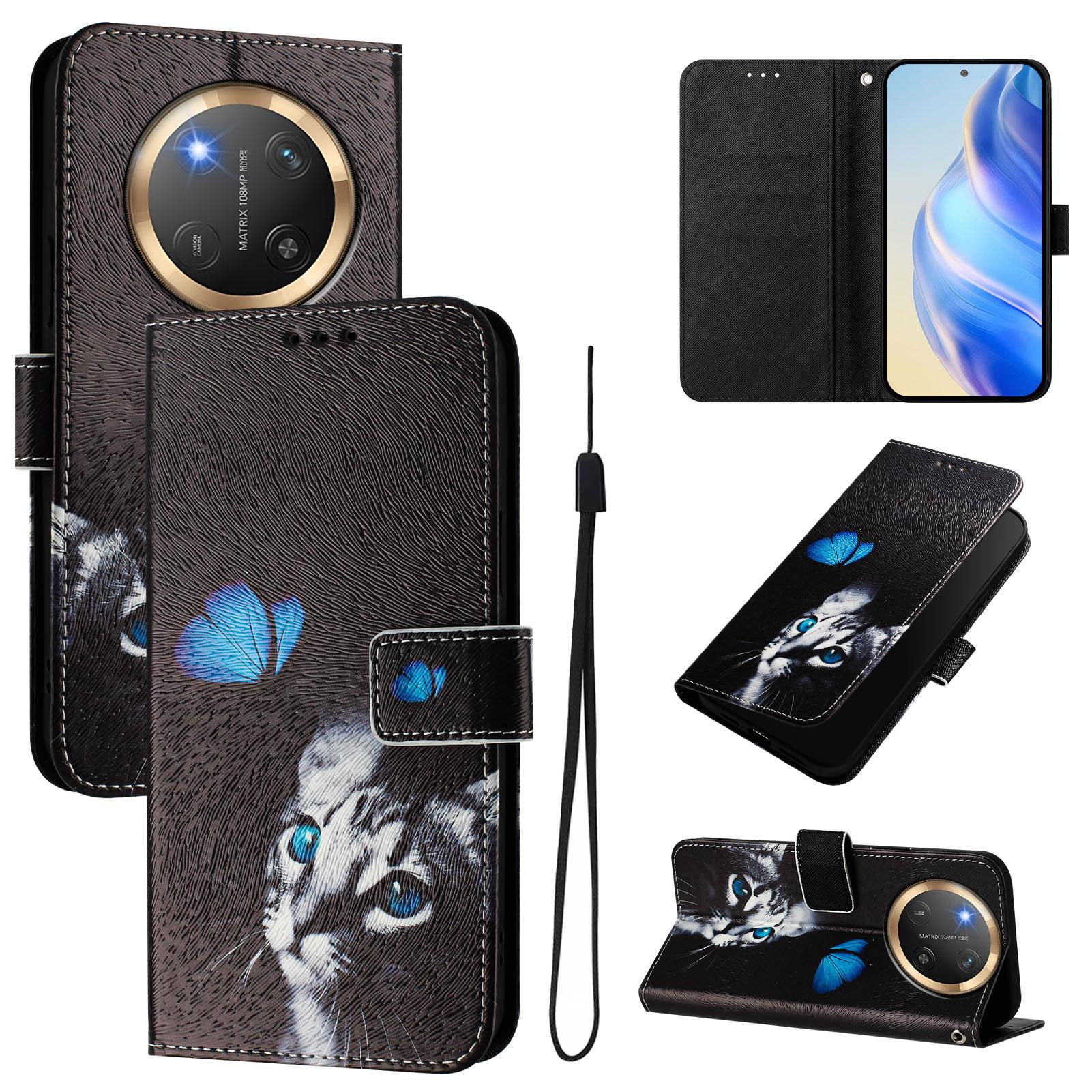 

For Honor Magic7 Lite 5G/X9c 5G/X60 Pro 5G Case Pattern Printing Wallet Phone Cover with Strap Butterfly and Cat