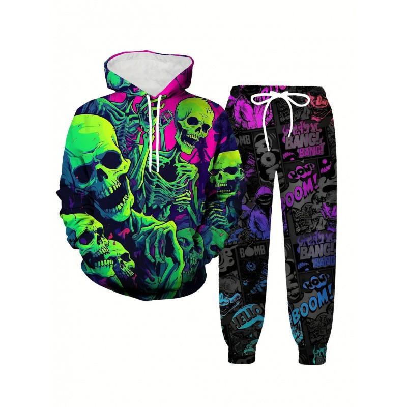 Fashion Skull 3D Print Hoodie Sweatpants Set Men