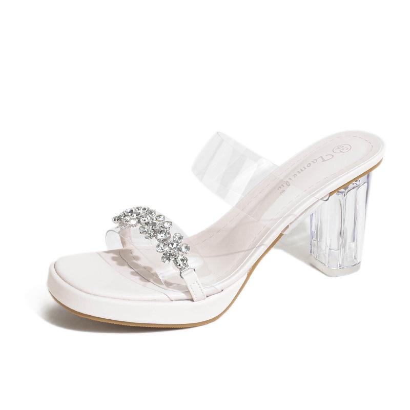 Summer One-Word With High-Heeled Slippers Waterproof Table Crystal Thick Heel Medium Heel Small Size Transparent Sandals Women