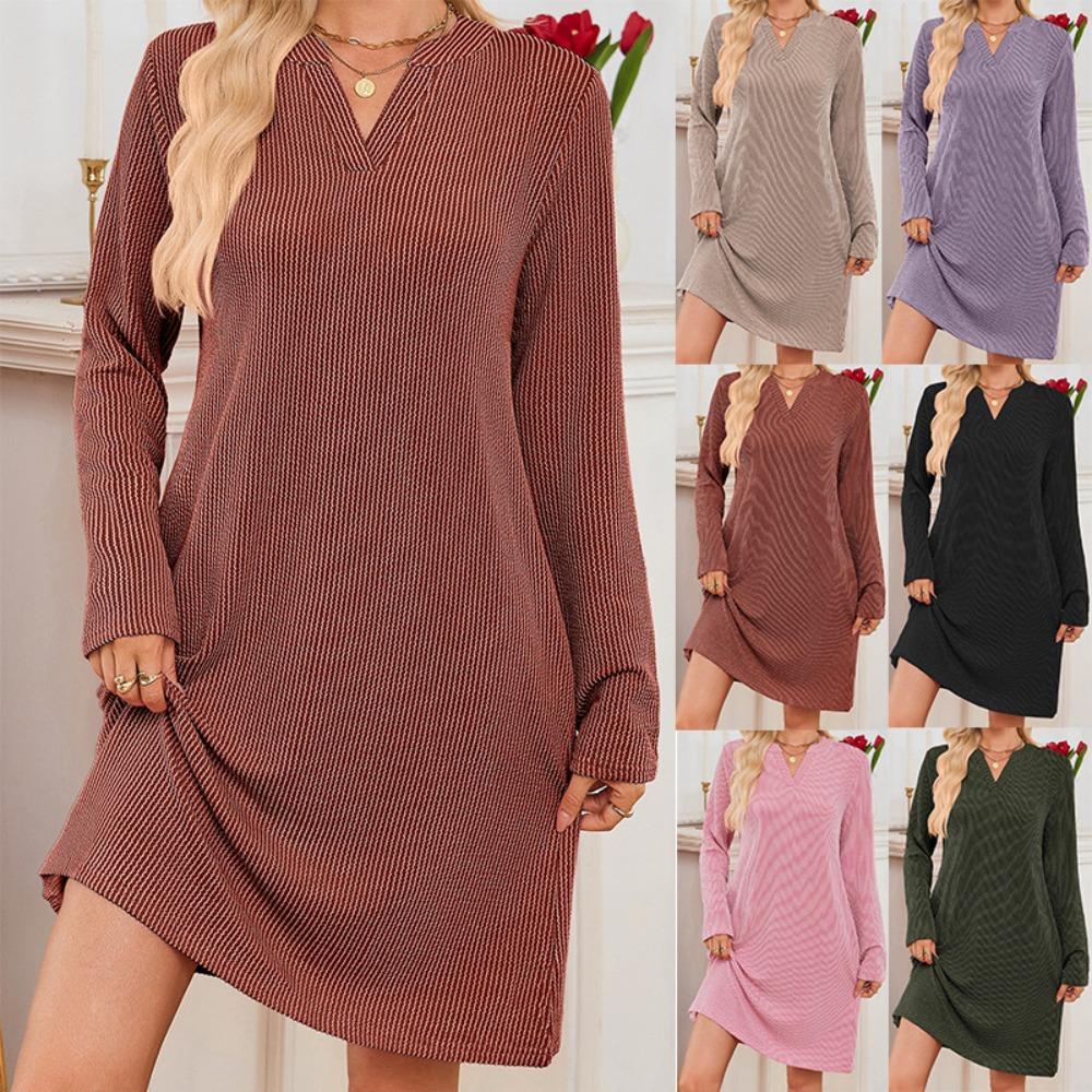 Women's V Neck Long Sleeve Loose Fit Casual Tunic Dress with Pockets for Daily Wear
