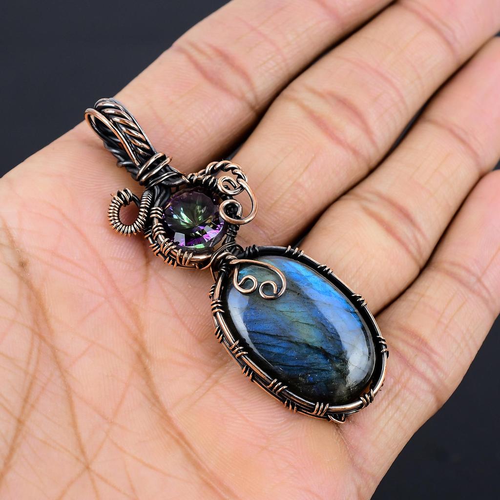 Labradorite Pendant, Handmade Gemstone 999 Copper Wire Wrapped Pendant Antique Jewelry, For Gift Silver Jewelry