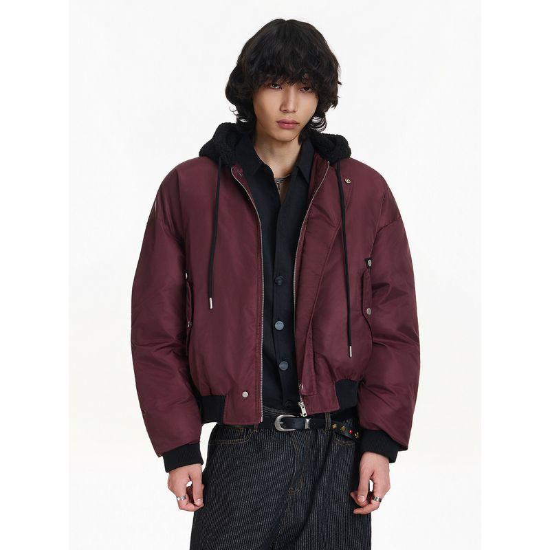 Blaexit Burgundy American-Style Bomber Flight Jacket Winter Faux Two-Piece Padded Coat Men's Fleece-Lined Thickened
