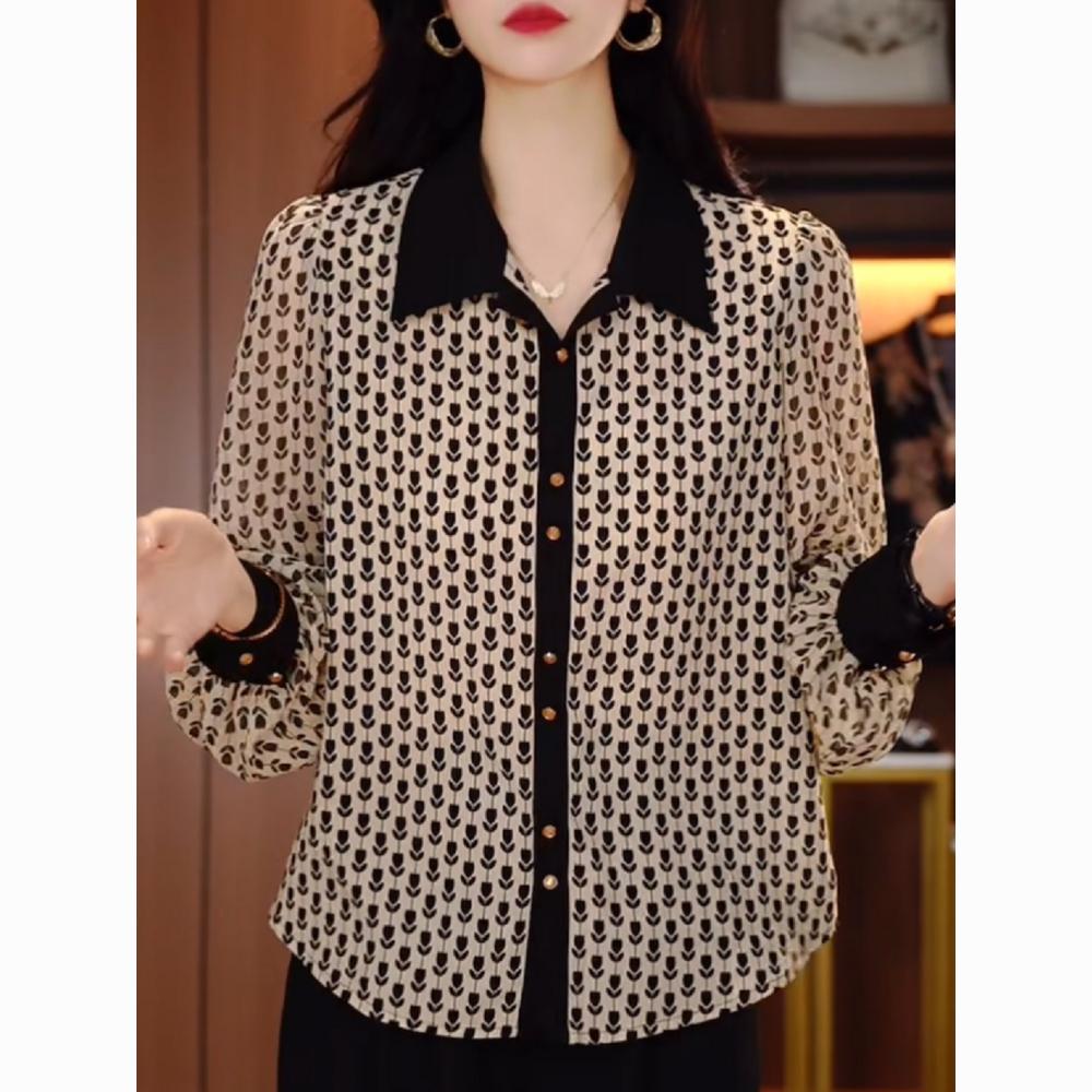 Cămașă cu rever temperamentală, florală, nouă modă de primăvară, cămașă versatilă cu mânecă lungă, patchwork, pentru femei, pentru a reduce vârsta și a arăta mai slab