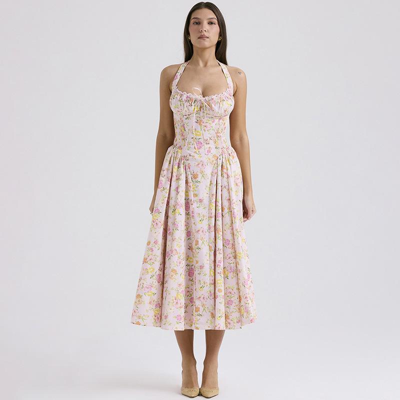 Zomer Nieuwe Slim-Fit Breteljurk, Europese En Amerikaanse Mode Geprinte Nek Kant Jurk L roze