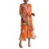 Women's Summer Chiffon Dress Printed Short Sleeve V Neck Flowy Maxi Dress Loose Layered Ruffle Lace-Up Long Dress