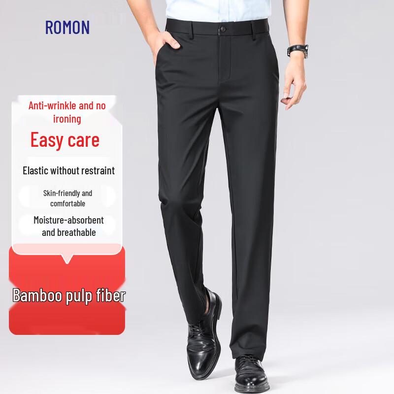 

Romon Men s Anti-Wrinkle Bamboo Fiber Stretch Straight-Leg Trousers 32
