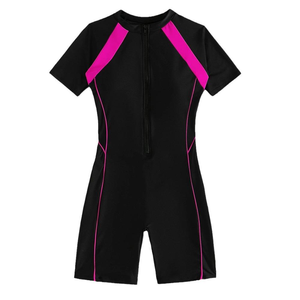 2024 Damen Einteiliger Kurzarm-Reißverschluss-Badeanzug zum Surfen und für Strandbekleidung