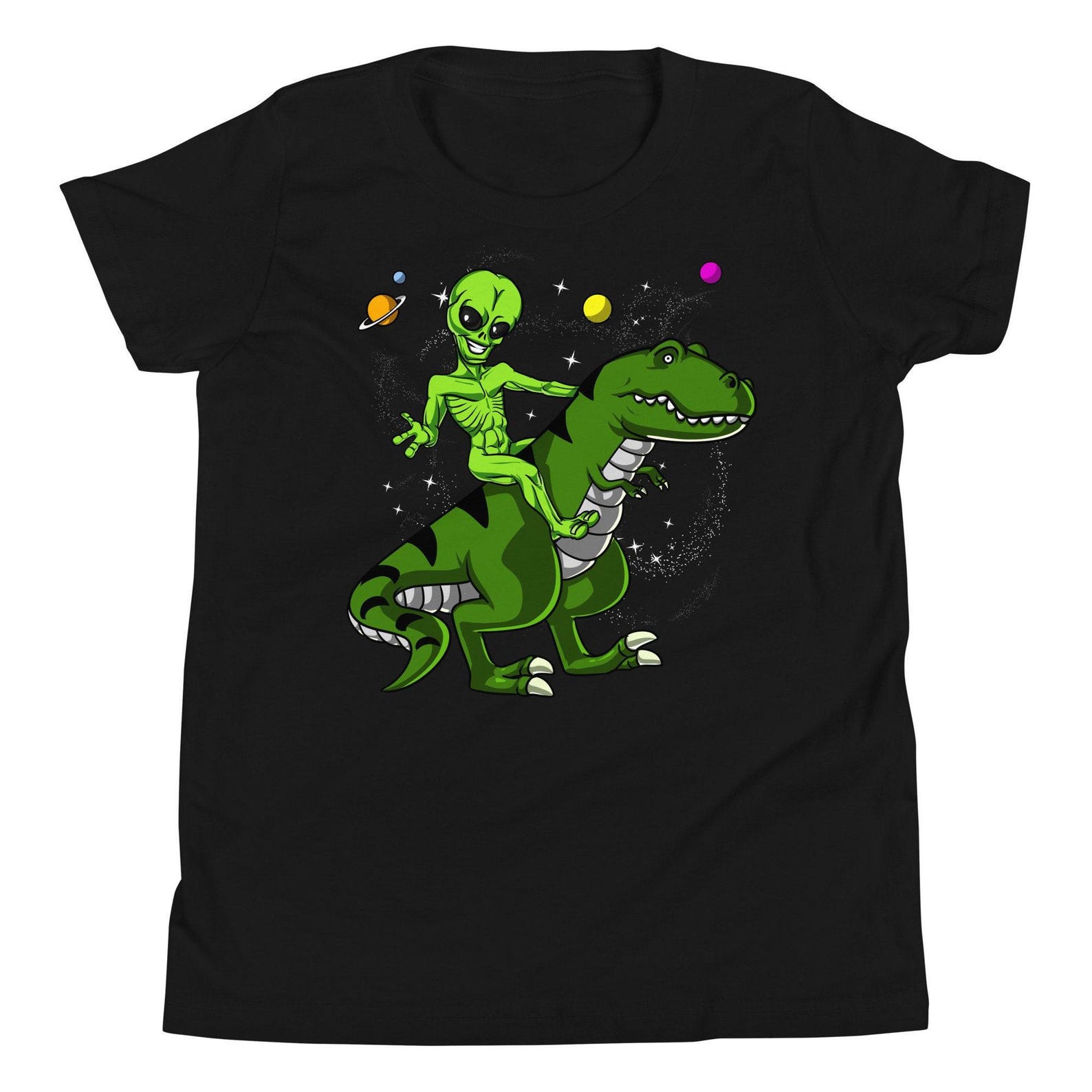 Space Alien Riding T-Rex Dinosaur Kids T-Shirt, Funny Alien Boys Shirts, Kids Dinosaur Tees, Aliens Clothes, Alien Clothing, Alien Apparel 120