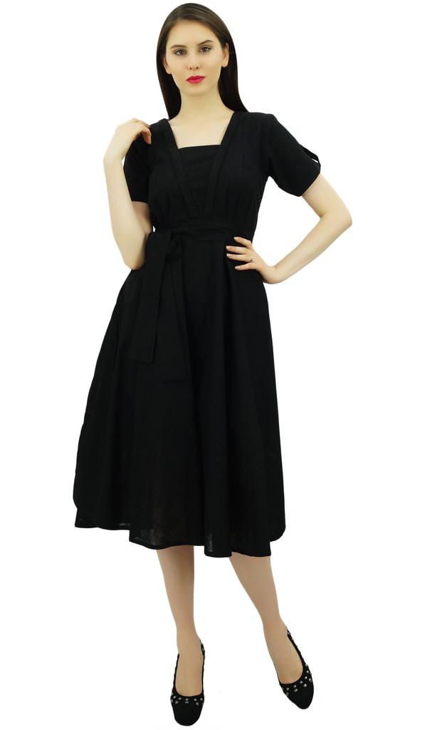 Bimba Damen Kurzarm Leinen Etuikleid Mit Gürtel Freizeitkleider