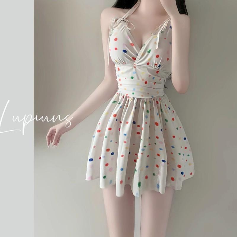 

One-piece Swimsuit Women Fresh Wavy Dots Cover Meat Sweet Bow Wind Belly Slimming L