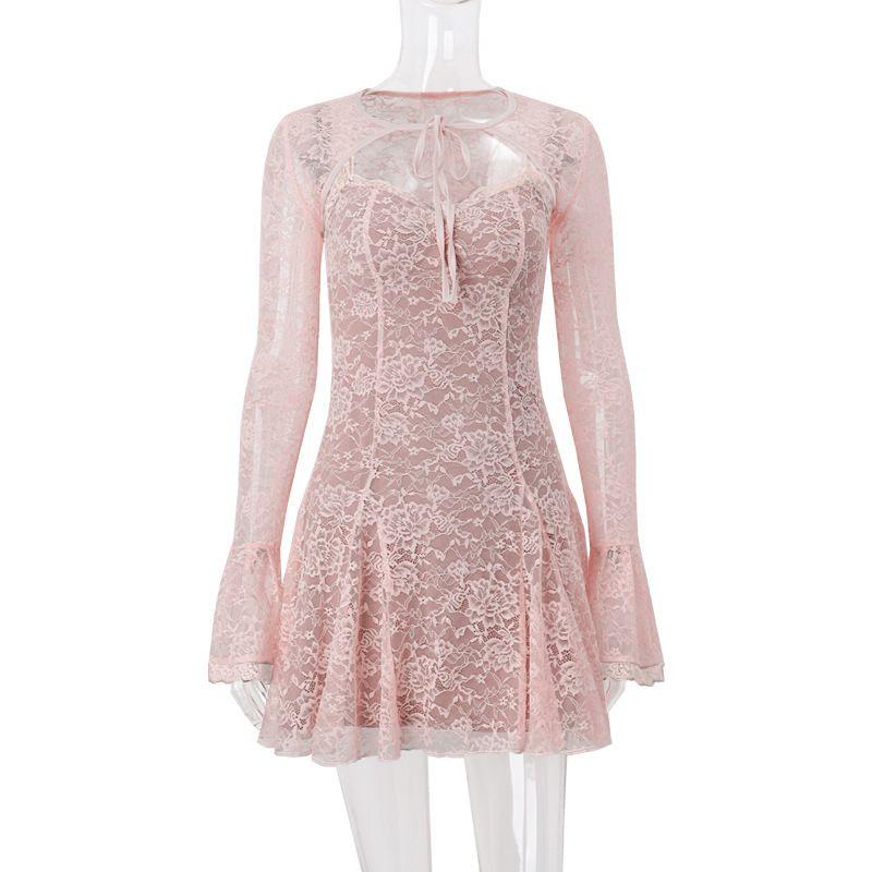 

Western Style Ins New Fashion Waistcoat Bell Sleeve Sling Short dress Sexy Lace Long sleeve A Word Dress Women Pink S