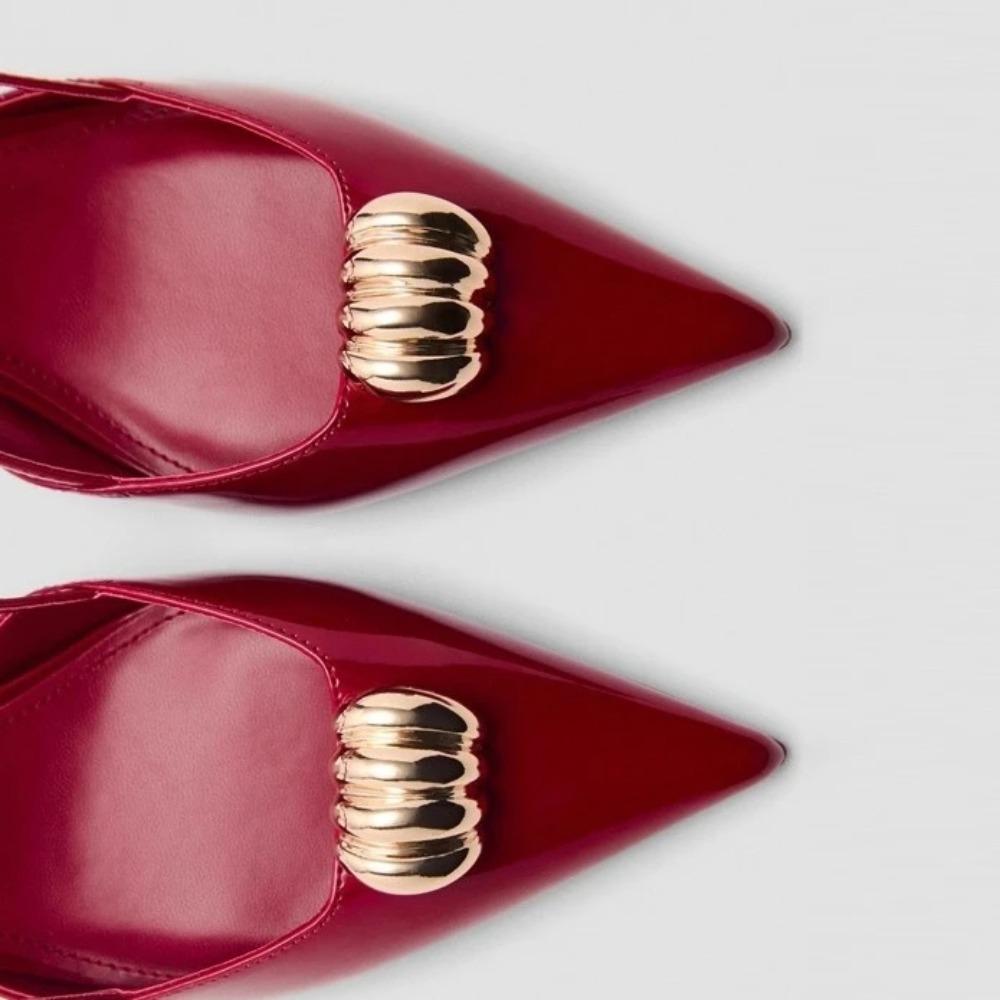 Fashion Metal Decoration Designer Sandals for Women Summer Sexy Patent Leather Pointed Toe High Heels Party Dress Shoes
