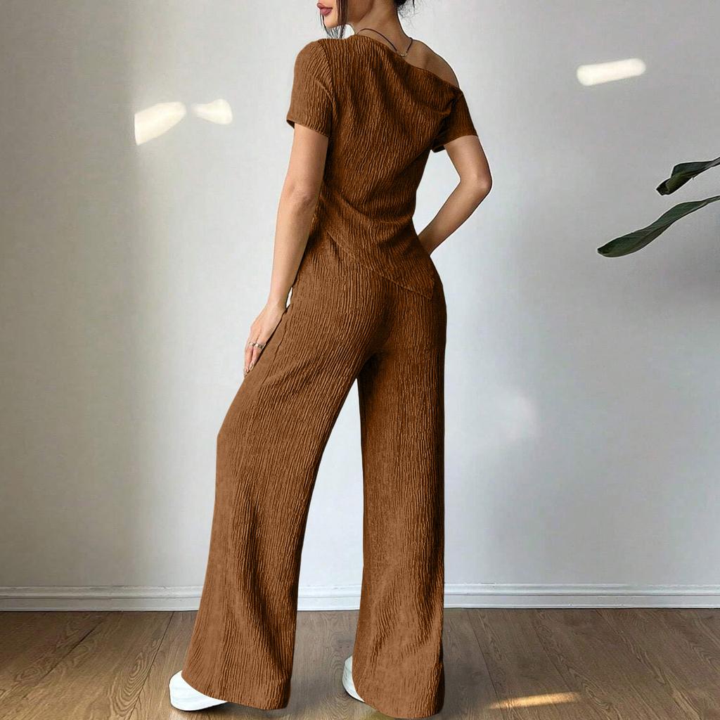 Damen Sets Ein Schulter T-Shirt Und Weitbeinige Hose Mit Niedriger Taille Set