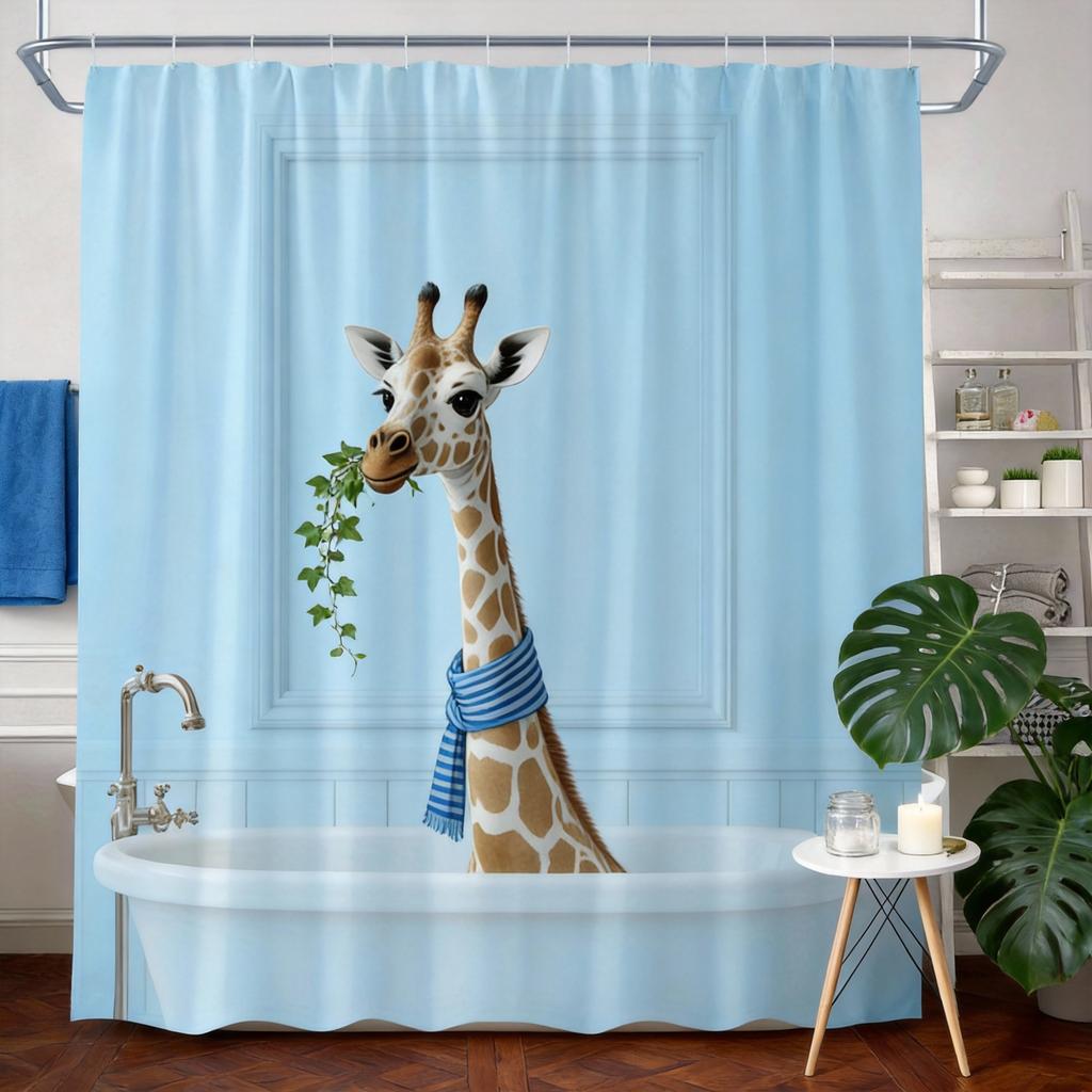 Giraffe Duschvorhang 180x180cm – Über die Wanne lugend, Waschmaschinenfest, 12 Haken Badezimmer dekorativer Duschvorhang