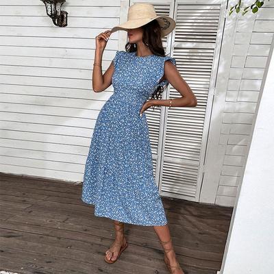 Summer Retro Women's O Neck Sleeveless Midi High Waist Blue Floral A Line Chic Long Dress