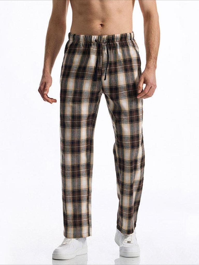 Men's Casual Pants Summer Autumn Checkered Print Pants Loose Fit Elastic Waistband with Drawstring Stylish and Comfortable