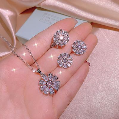 Flower Crystal Bling Diamonds Gemstones Pendant Earrings Ring Jewelry Sets for Women White Gold Filled Wedding Accessories Gifts