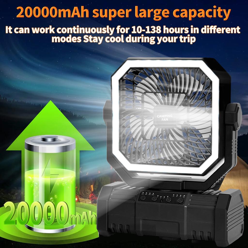 Camping Ceiling Fan 20000Mah Rechargeable Camping Circulator with Light and Remote Control Cool Air Circulation Camping Fan