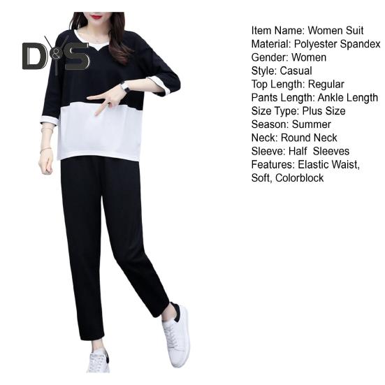 2 ks/sada Dámské tričko Kalhoty Set Sportovní oblečení Colorblock Top s kulatým výstřihem Poloviční rukáv Top Elastický pas Dlouhé Kalhoty Běžné kalhoty Top na dojíždění